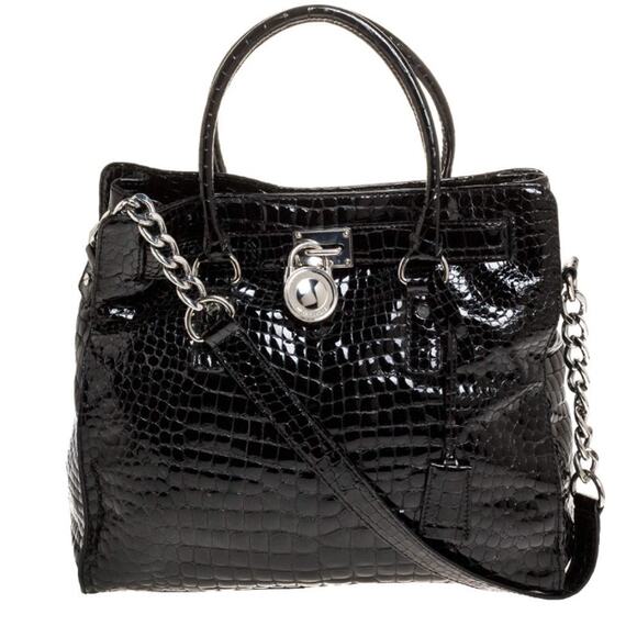 NWOT Michael Kors MK Hamilton Croc Embossed Tote Shoulder Bag Black w/ Dust Bag - Picture 1 of 9